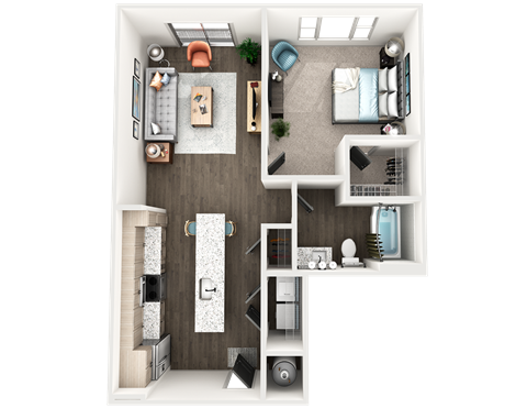 Floor plan for 1 bed, 1 bath, 763 sqft